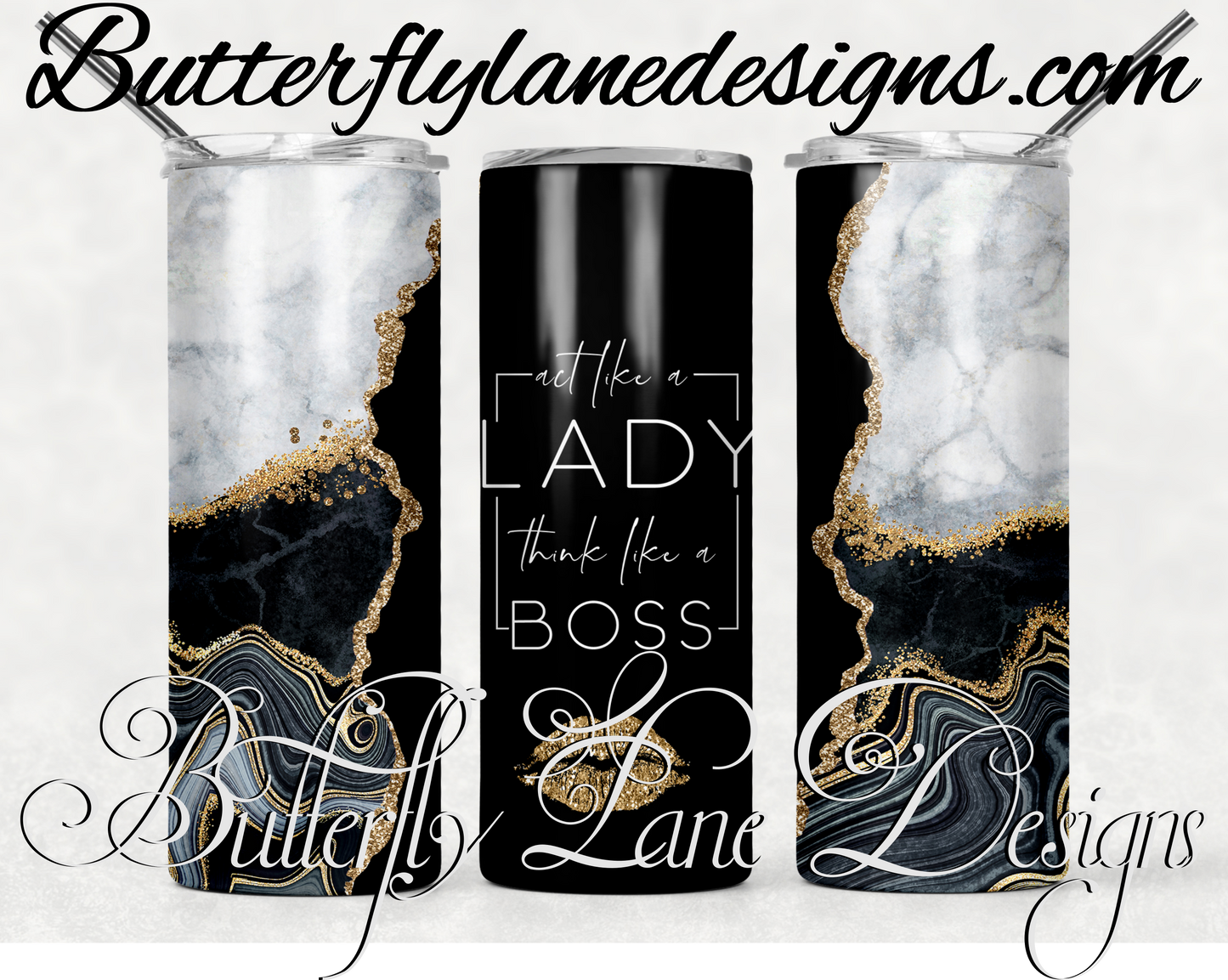 Act like a lady, think like a boss-Black base grey marble Blue and gold agate-165 -WM :: White Cast Tumbler wrap