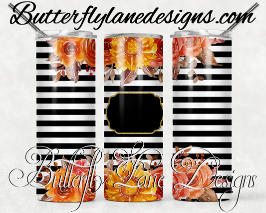 Black and white stripe with orange florals-200-WM :: White Cast Tumbler wrap