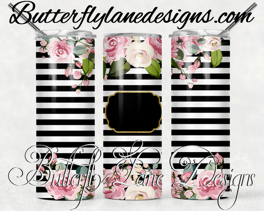 201 Black and white stripe with pink florals-WM :: White Cast Tumbler wrap