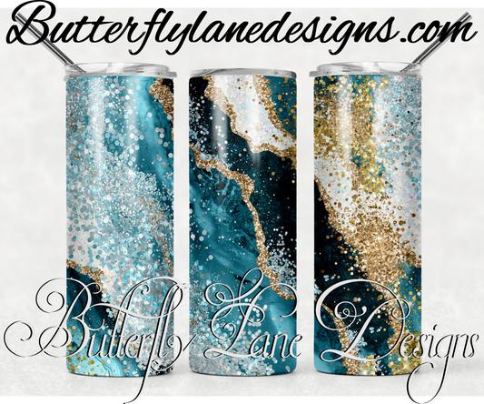 Aqua glitter and gold overlay-203-WM :: White Cast Tumbler wrap