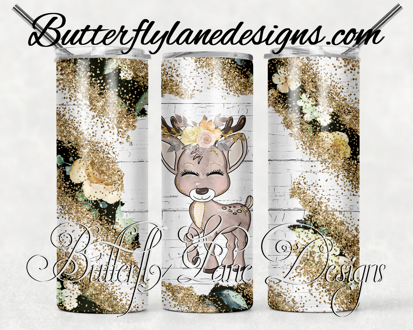 Cute deer with flowers gold overlay-213-WM  :: White Cast Tumbler wrap