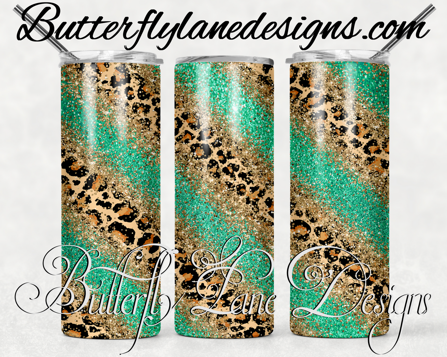 Leopard print, teal and gold overlay-215-WM  :: White Cast Tumbler wrap