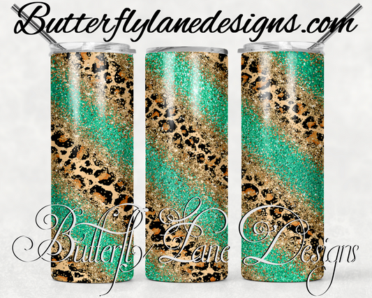 Leopard print, teal and gold overlay-215-WM  :: White Cast Tumbler wrap