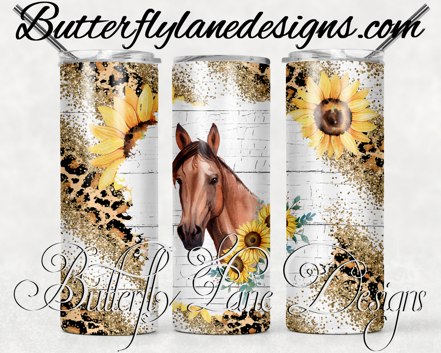 Horse sunflower Leopard print gold glitter- print-221-WM :: White Cast Tumbler wrap