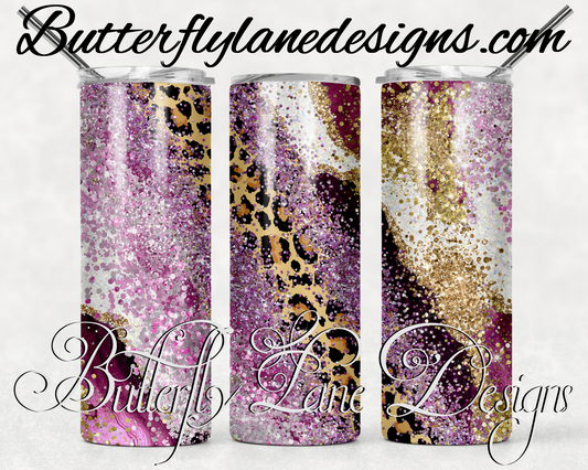 Pink purple glitter with leopard print-227-WM :: White Cast Tumbler wrap