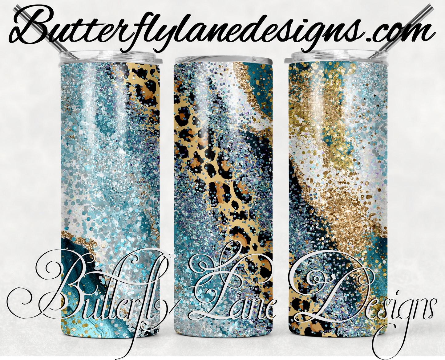 Aqua glitter with leopard print-228-WM :: White Cast Tumbler wrap