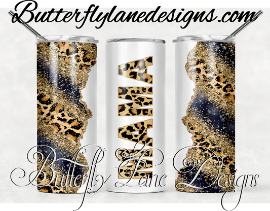 Mama Leopard print-Navy blue gold glitter print-248-WM :: White Cast Tumbler wrap