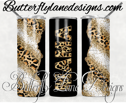 Mama leopard print-White & Black with gold glitter print -255-WM :: White Cast Tumbler wrap