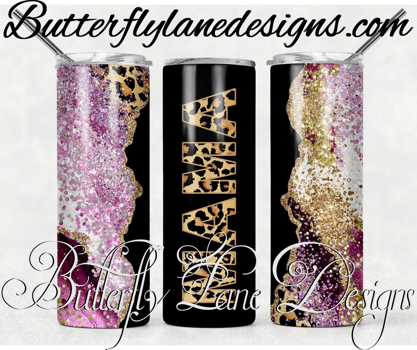 Mama leopard print Deep pink- Black- gold glitter- print-266-WM :: White Cast Tumbler wrap