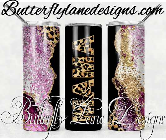 Mama leopard print Deep pink- Black- gold glitter- print-266-WM :: White Cast Tumbler wrap