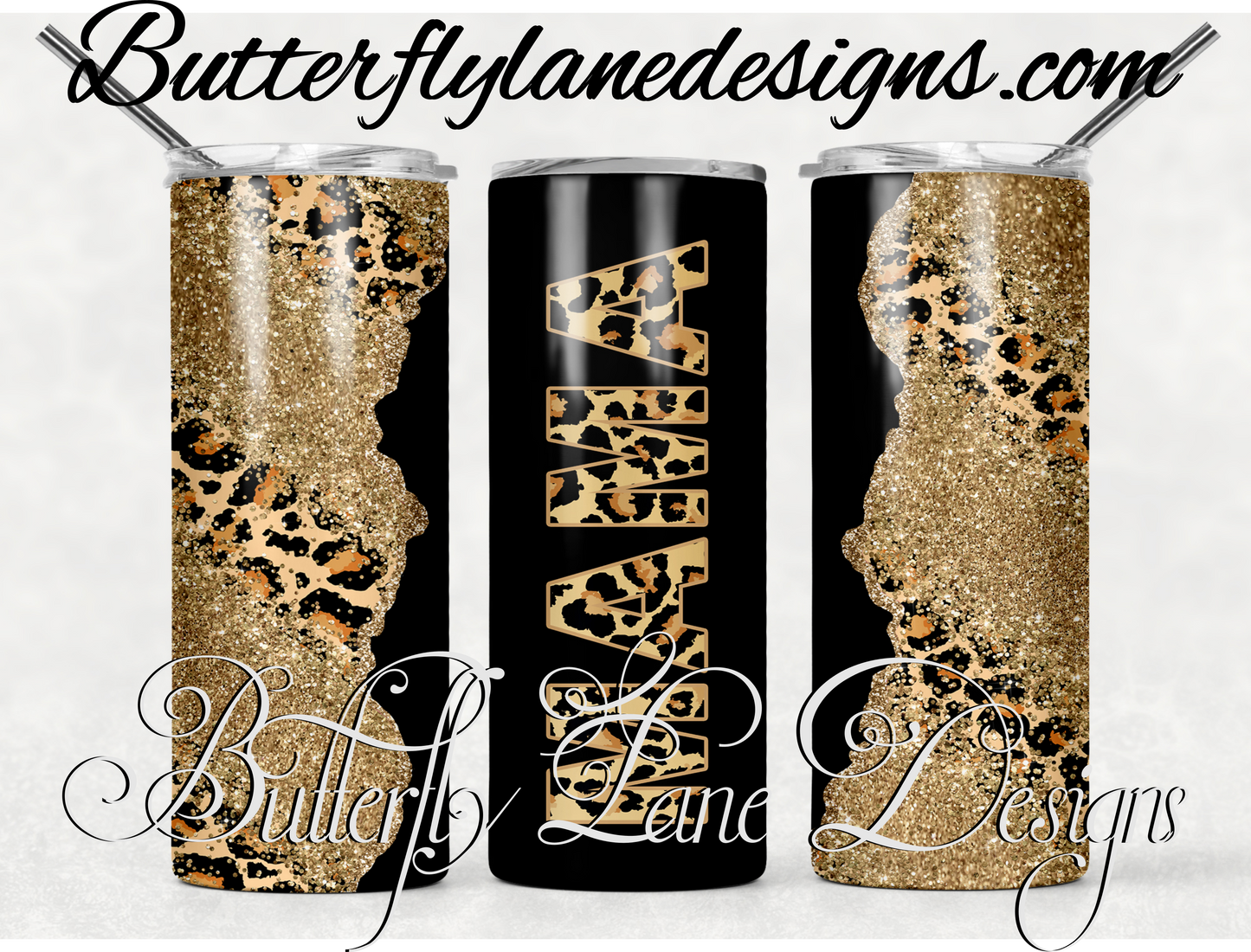 Mama leopard print- Black- gold glitter- print-267-WM :: White Cast Tumbler wrap