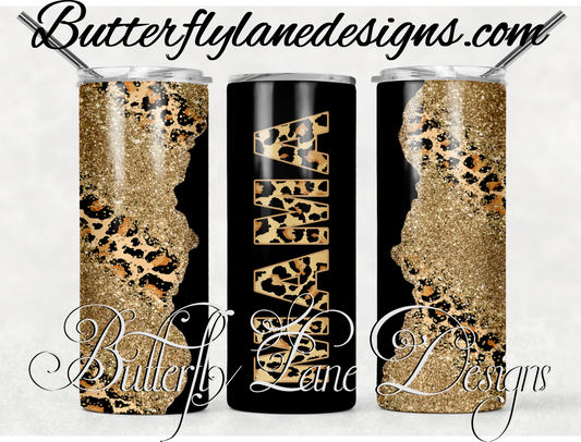 Mama leopard print- Black- gold glitter- print-267-WM :: White Cast Tumbler wrap