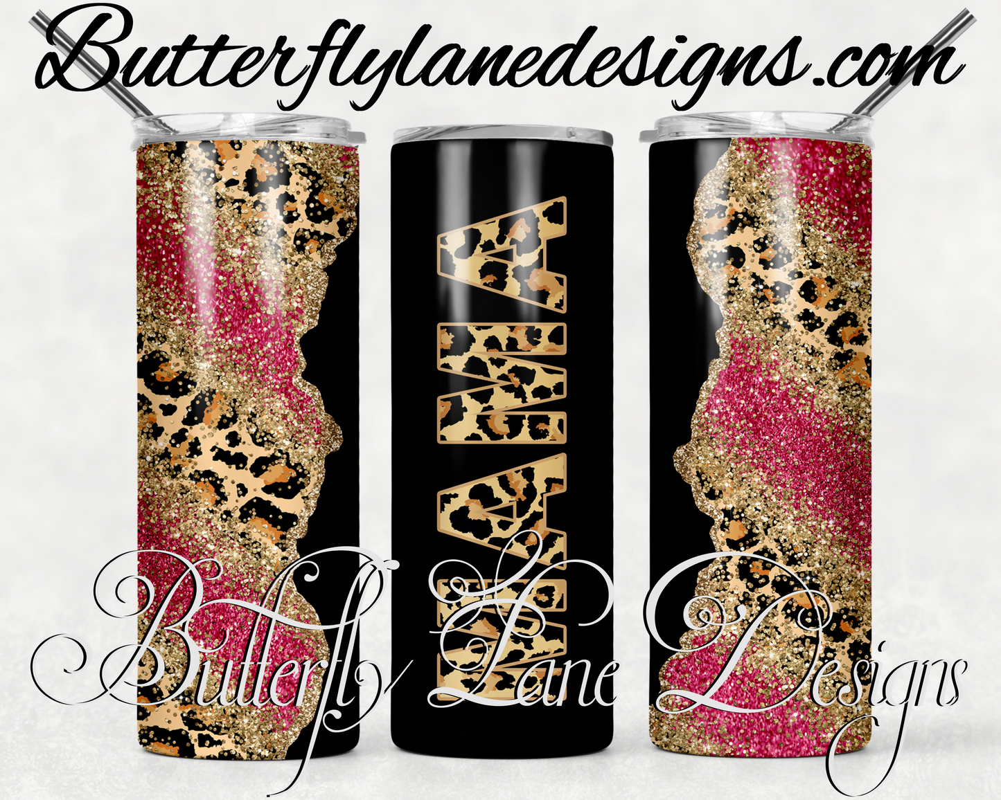 Gold-Pink-black glitter mama, leopard print-269-WM :: White Cast Tumbler wrap