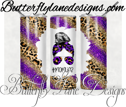 Purple gold leopard print-messy bun mom life-367-WM :: White Cast Tumbler wrap