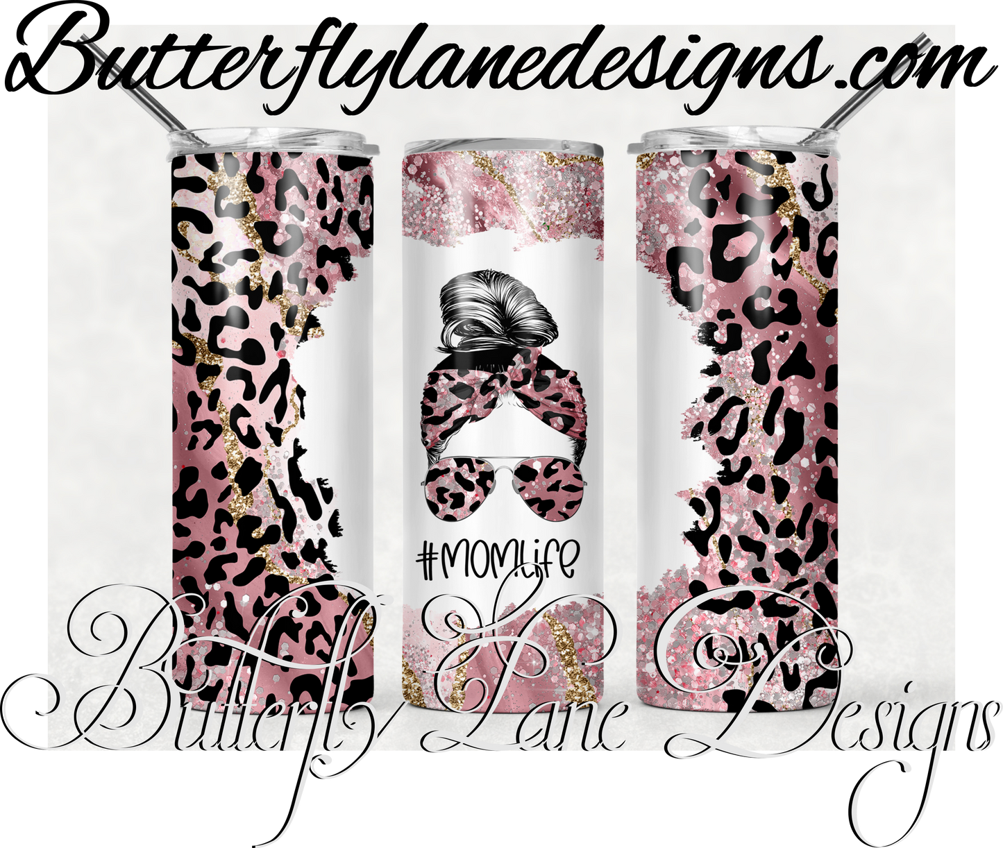 Mom life messy bun-Pink leopard print gold inlay-369-WM :: White Cast Tumbler wrap