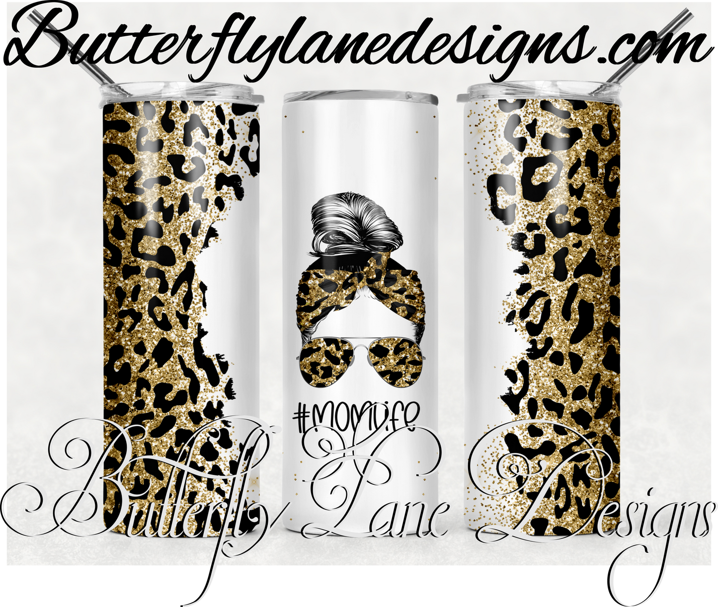 Gold glitter leopard print-messy bun mom life-370-WM :: White Cast Tumbler wrap