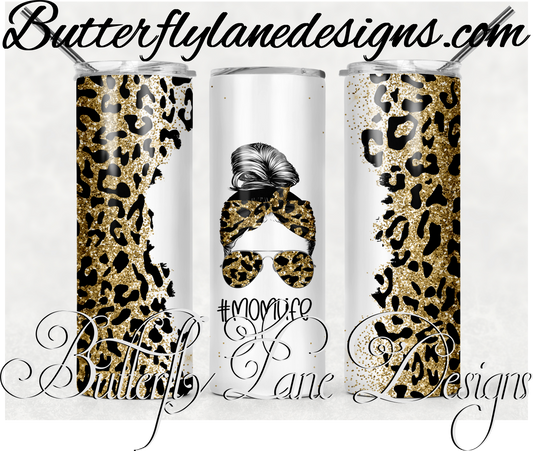 Gold glitter leopard print-messy bun mom life-370-WM :: White Cast Tumbler wrap