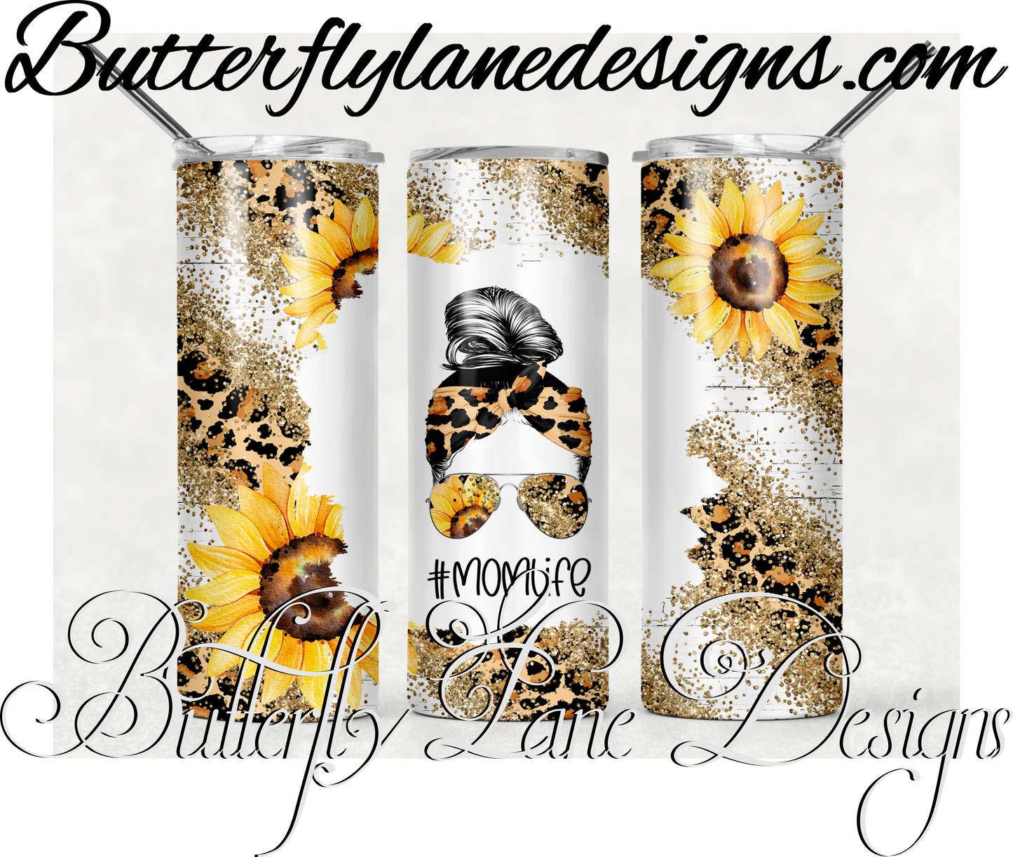 Sunflower leopard print gold glitter- Messy Bun-389-WM :: White Cast Tumbler wrap