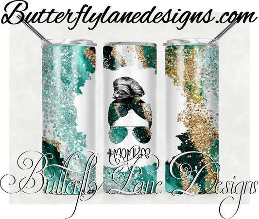 Teal glitter messy bun-405-WM :: White Cast Tumbler wrap