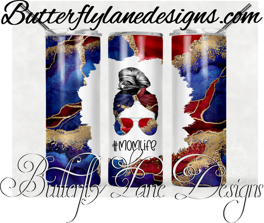 Mom life-Red blue gold-Messy bun-435-:: White Cast Tumbler wrap