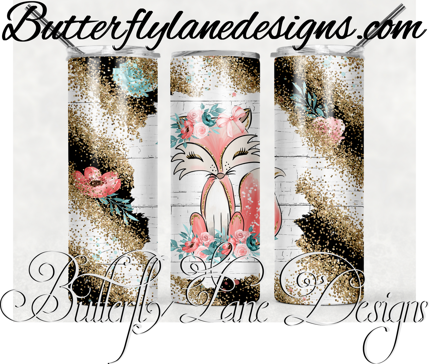 Cute fox, floral and gold glitter-454-:: White Cast Tumbler wrap