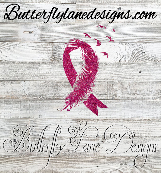Breast cancer-Pink glitter ribbon-birds flying :: Clear Cast Decal