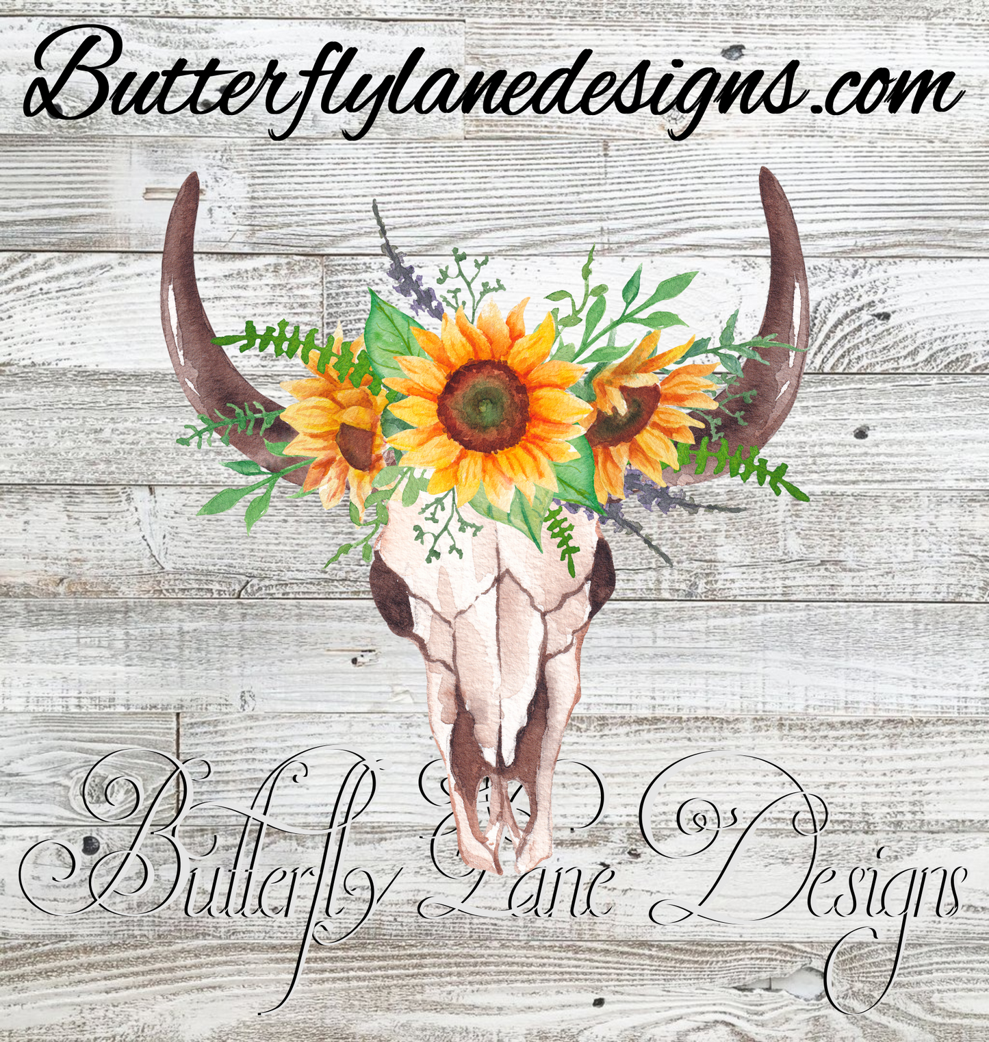 Bull skull with sunflowers-watercolor :: Clear Decal / VC Decal