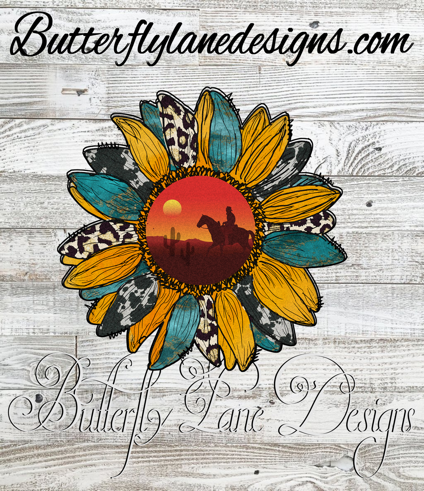 Country Western Sunflower O- teal tones with sunset :: Clear Decal or VCD