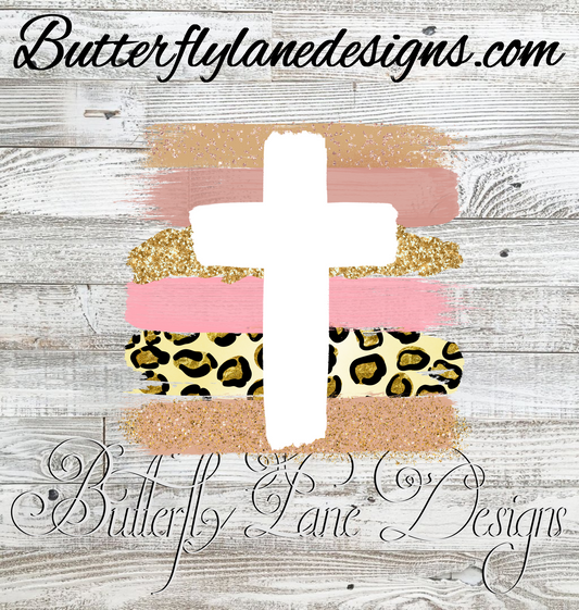 Cross with brush strokes-earth tones-glitter leopard print :: Clear Decal