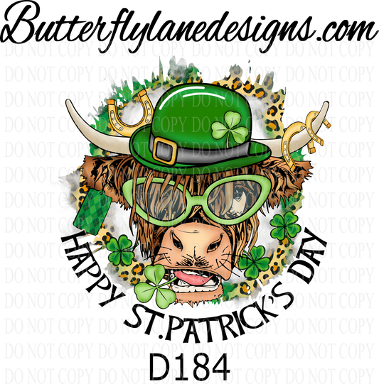 D184 St Patrick's-highland cow- :: Clear Decal :: VC Decal