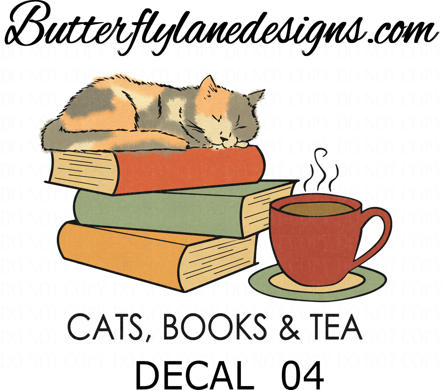 D4- Cats books and tea :: Clear Decal :: VC Decal