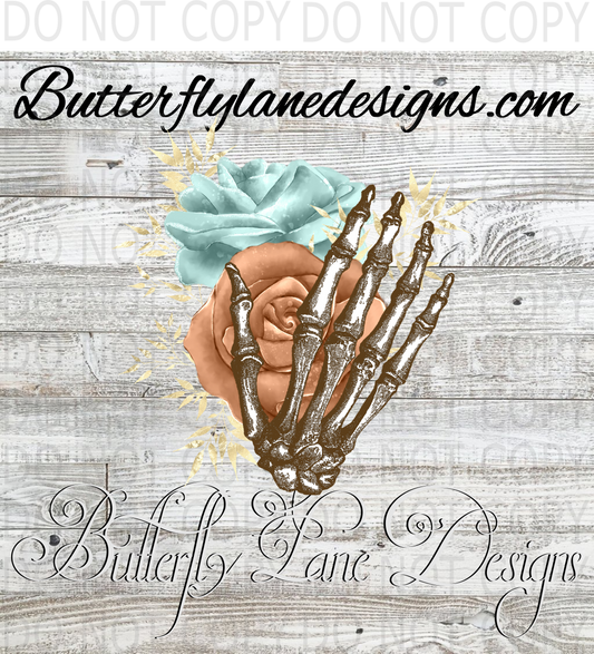 Fall Skelly hand with Orange and turquoise flowers :: Clear Decal :: VC Decal