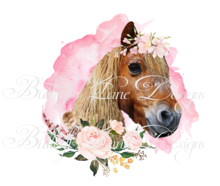 Horse head with pink flowers and water colors- PNG -digital-