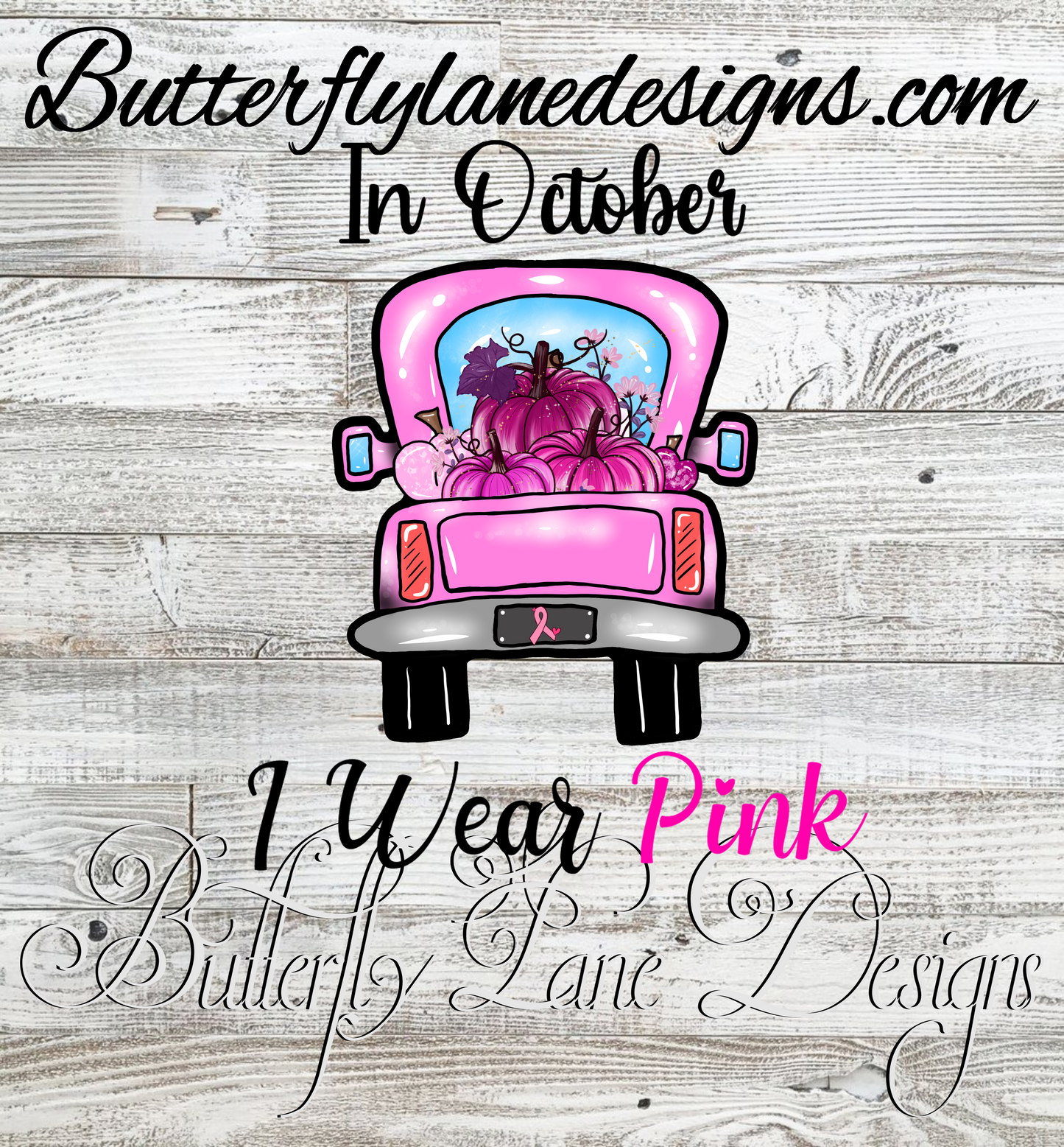 In October I wear pink- truck n pumpkins  :: Clear Cast Decal