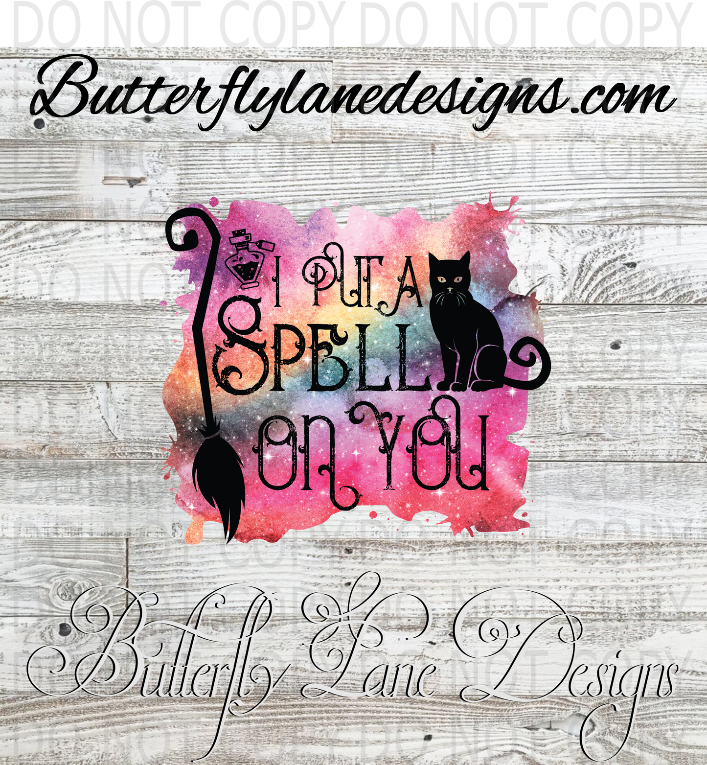 I put a spell on you-rainbow galaxy-black cat-broom: Clear Decal :: VC Decal
