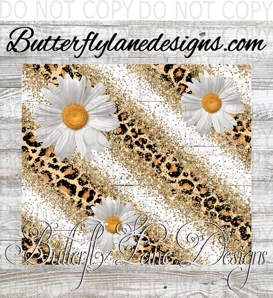 Leopard Print with gold glitter and white daisy--361a-WM :: White Cast Tumbler wrap