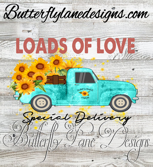 Loads of love, blue truck sunflowers special delivery :: Clear Decal or VCD