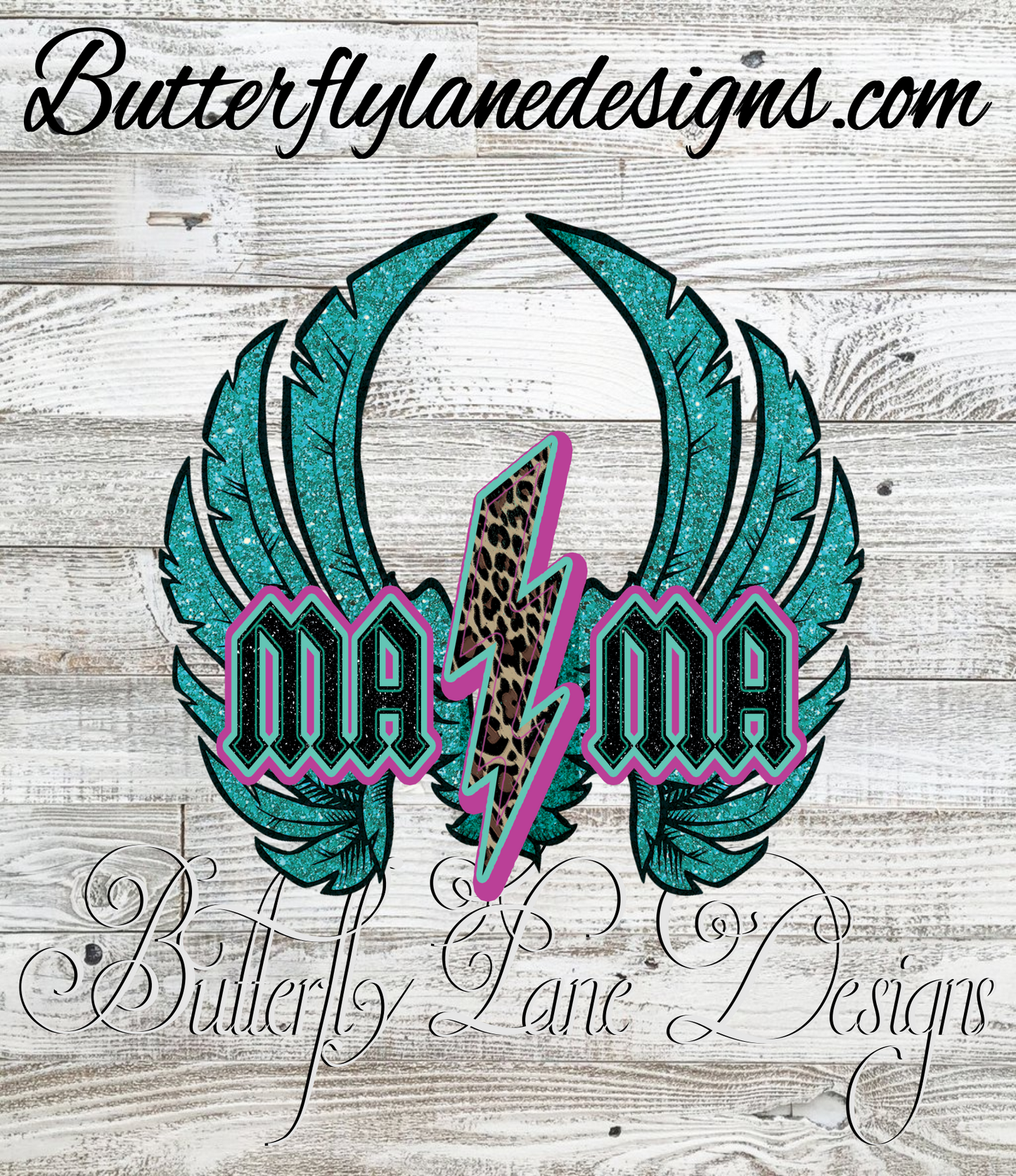 Mama-Square-Lightening bolt leopard print-teal wings :: Clear Decal or VCD