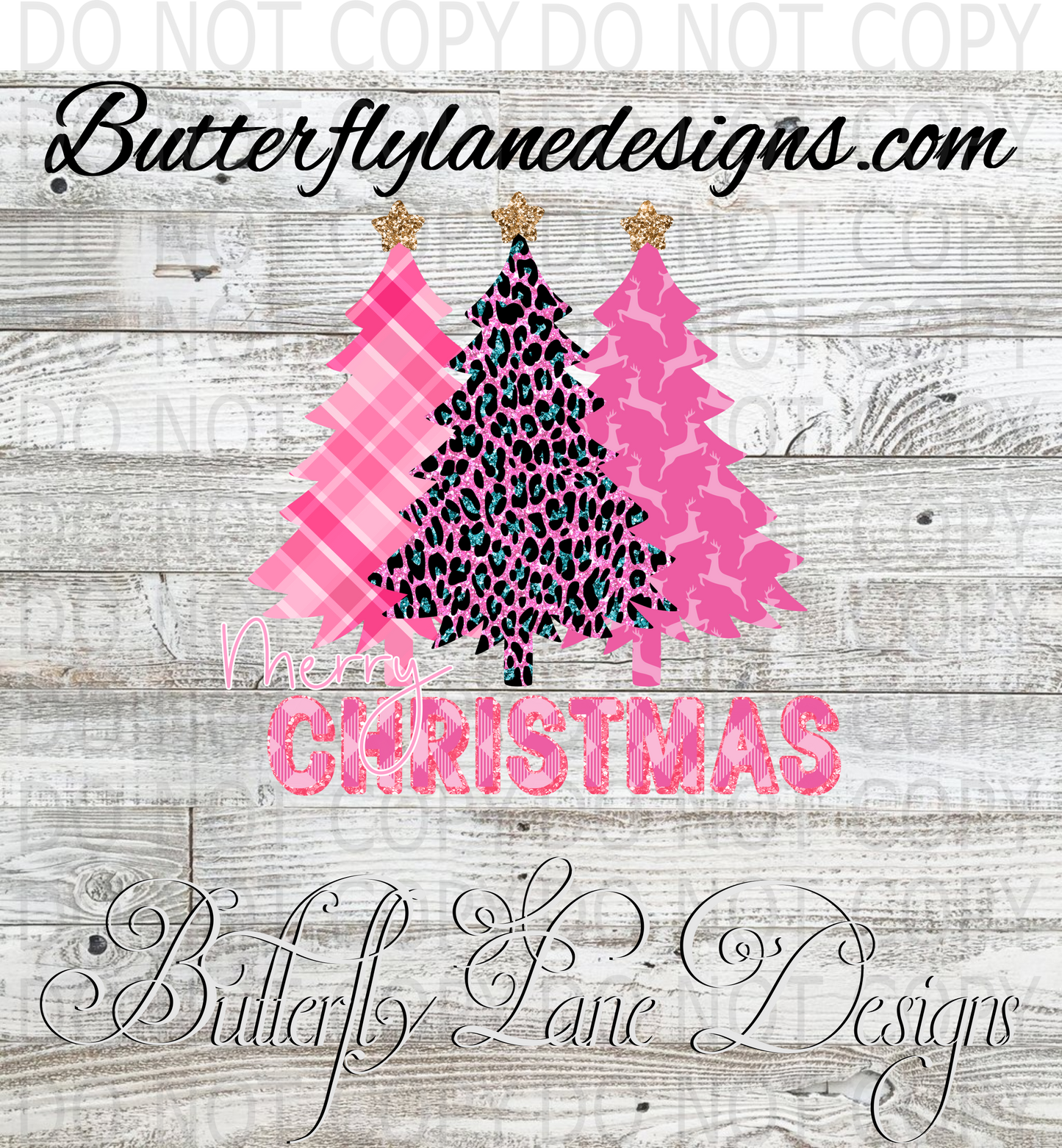 Merry Christmas Pink plaid-leopard trees-  :: Clear Decal :: VC Decal