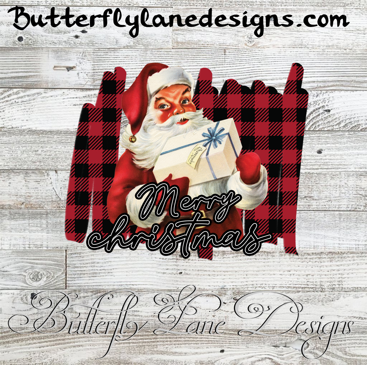 Merry Christmas Classic Santa with red plaid brush strokes :: Clear Cast Decal