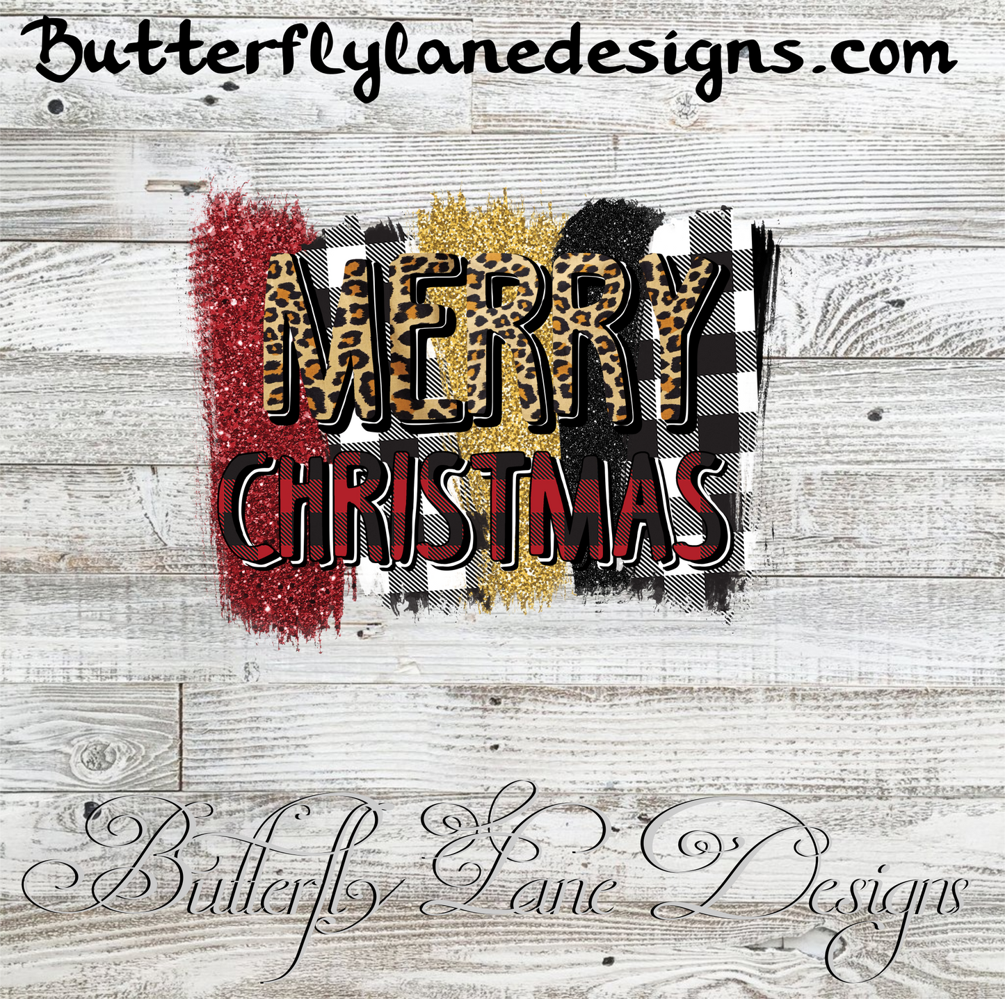 Merry Christmas text- Brush strokes- glitter plaids :: Clear Cast Decal