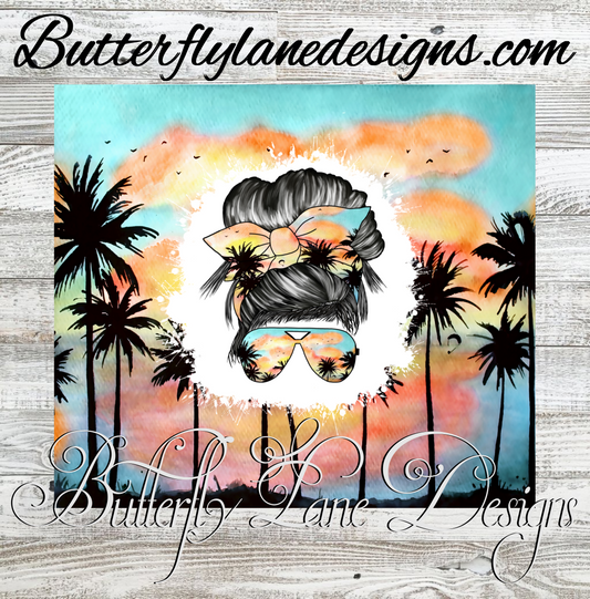 Messy Bun-Sunset Palms :: White Cast Tumbler wrap