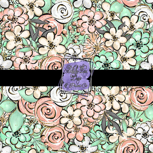 Minty Peach Florals with gold glitter accents PV 519 Patterned Vinyl