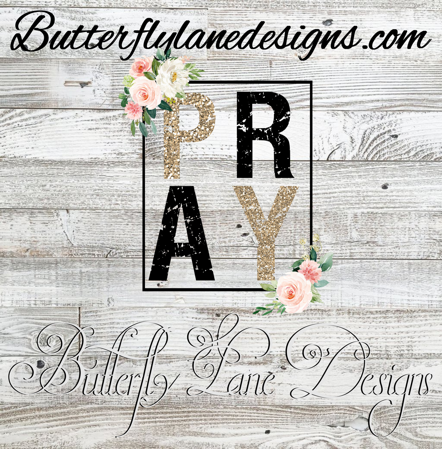 Pray- Gold & Black with pink florals :: V.C. Decal