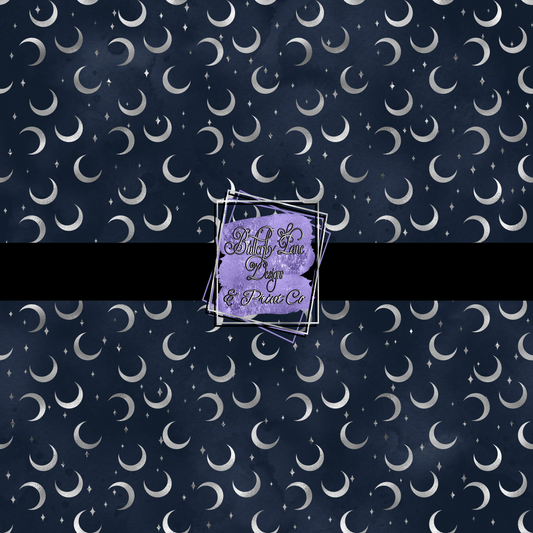 Silver Moons -mini stars  with a dark blue watercolor background PV 498 Patterned Vinyl