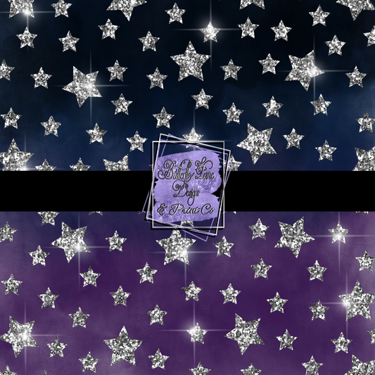 Silver glitter stars  with a dark blue & purple  watercolor background PV 499 Patterned Vinyl