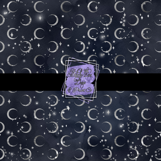 Sliver Stars-Moons with a dark blue watercolor background PV 497 Patterned Vinyl