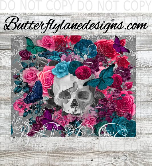 Skull-Pink-turquoise flowers  :: Tumbler wrap