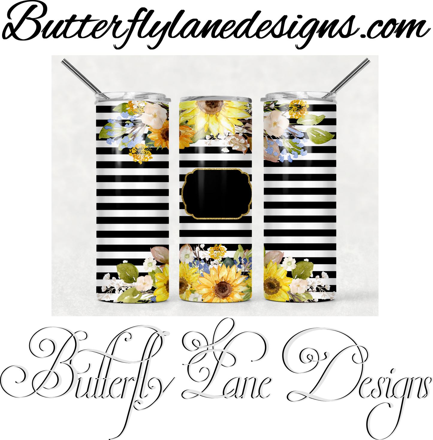 Black and white Stripped  with sunflower & Black frame:: White Cast Tumbler wrap