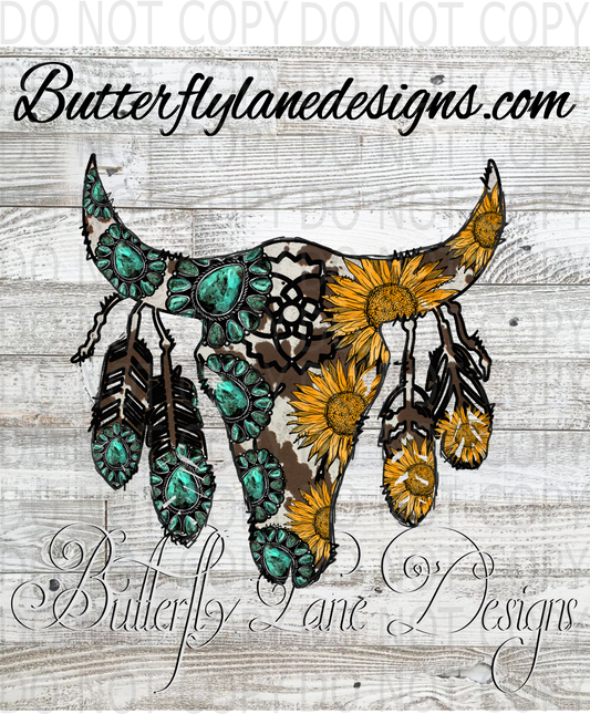 Sunflower-Turquoise bull skull with feathers :: Clear Decal :: VC Decal